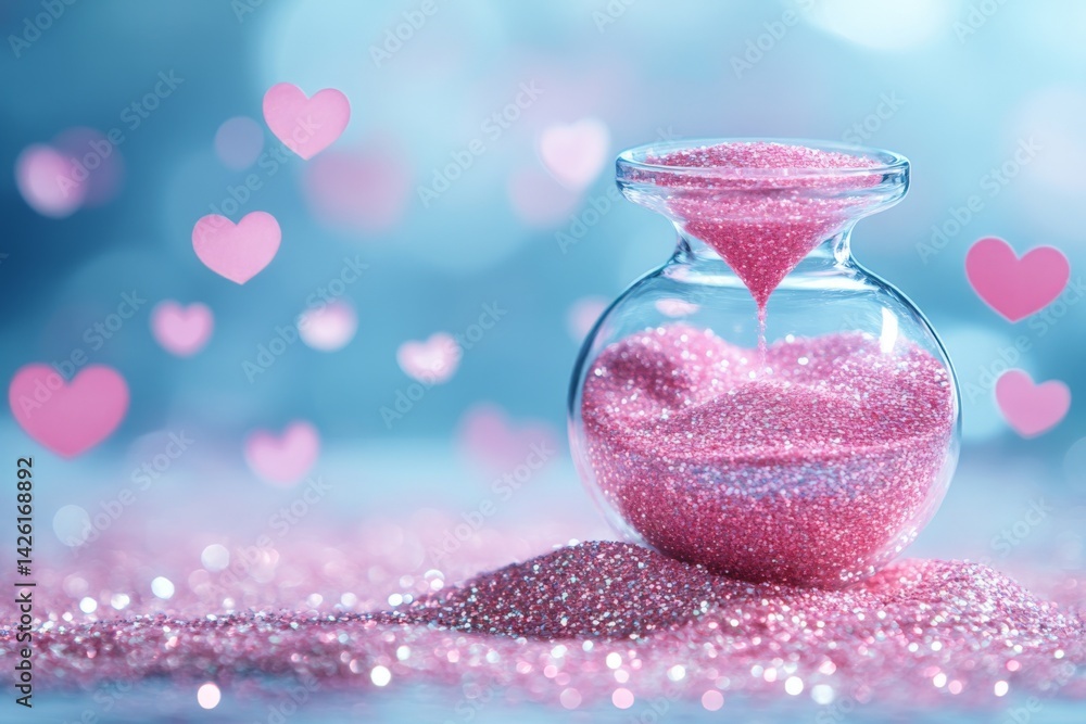 Poster colorful pink glitter flows from a glass jar onto a shimmering surface with heart shapes in the back