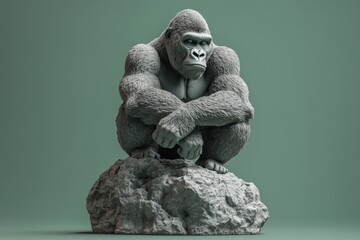 Fototapeta premium Gray gorilla sculpture perched on a rock against a muted backdrop.