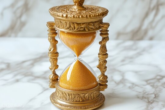 Elegant golden hourglass sits on a marble surface, showcasing flowing sand in a classic design - Powered by Adobe