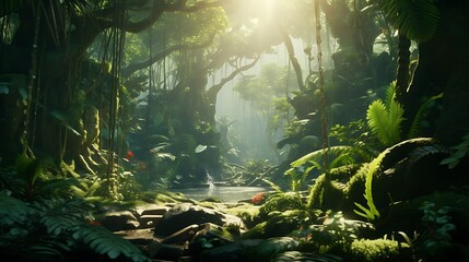 Fototapeta premium A lush rainforest with thick vegetation and sunlight piercing through the canopy.