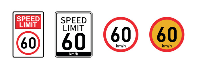 Speed Limit 60 km/h Sign Collection &ndash; Traffic Regulation Warning Symbols in Various Styles, Road Safety Vector Illustration Set