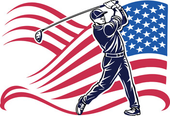 A golfer swings a club, with an American flag waving in the background, symbolising patriotism in sports