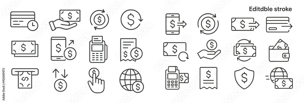 Leinwandbilder Collection of line style web icons depicting financial transactions and payment processes for digital use