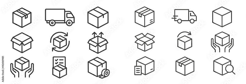 Poster Collection of line style web icons depicting various packaging and shipping elements for digital use