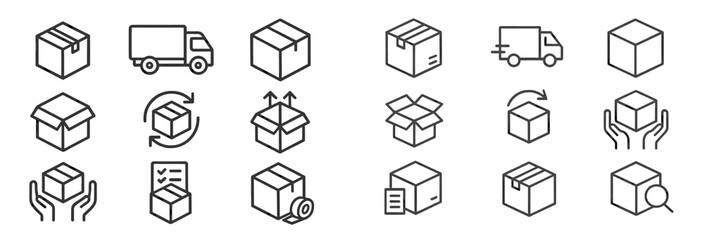 Collection of line style web icons depicting various packaging and shipping elements for digital use