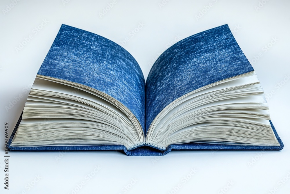 Poster open blue-covered book on a light background creating a calm and inviting reading atmosphere in a qu