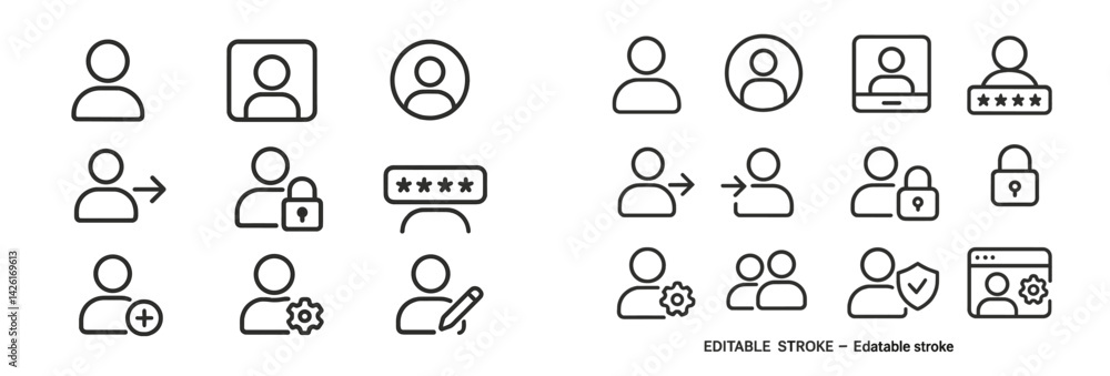 Poster Set of web icons in line style depicting user interaction, security, ratings, and personal account management features
