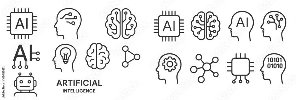 Poster Set of web icons designed in line style showcasing themes of artificial intelligence and technology innovation