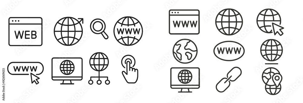 Fototapete Collection of line style web icons showcasing internet navigation, connectivity, and digital resources in a clean design