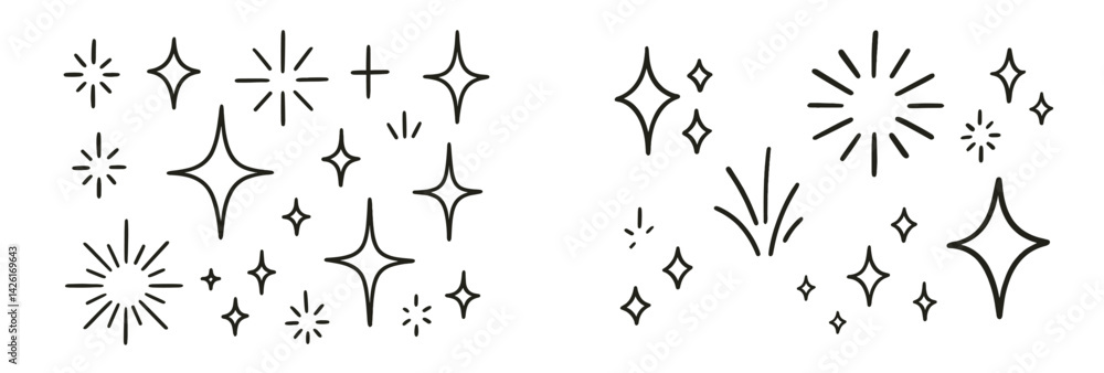 Poster Collection of web icons featuring various star and sparkle designs in a clean line style for digital applications