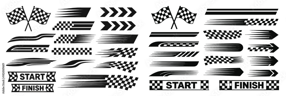 Aufkleber collection of line style web icons featuring racing flags, arrows, and finish lines for digital desi