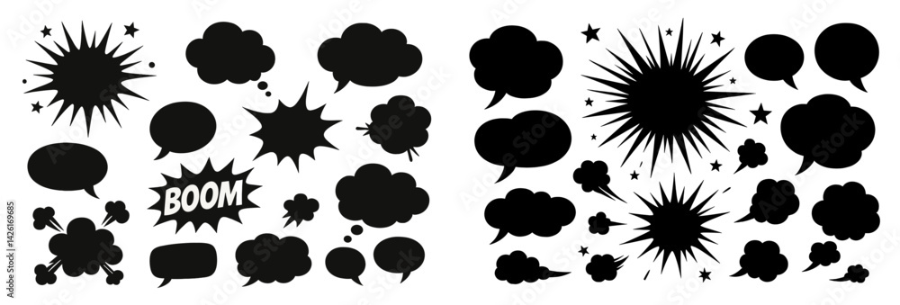Poster collection of web icons featuring various speech bubbles, stars, and impact symbols for digital comm