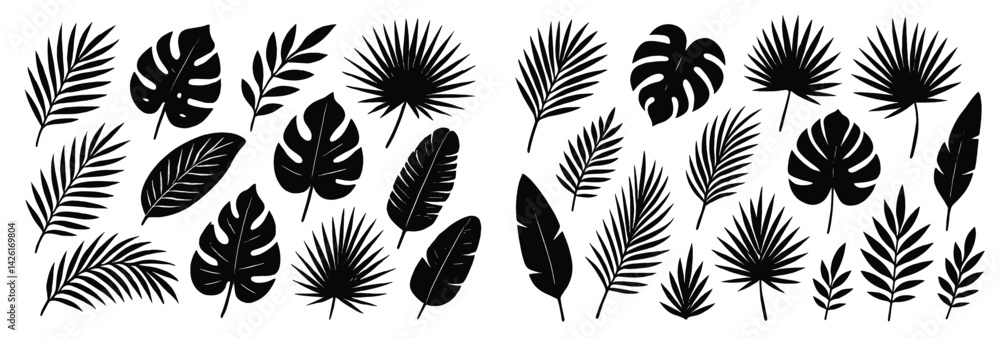 Poster Set of web icons showcasing various line style leaf designs suitable for web and graphic design projects