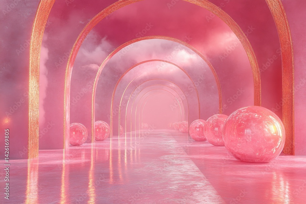 Poster dreamlike corridor with glowing spheres and pink arches in an ethereal setting