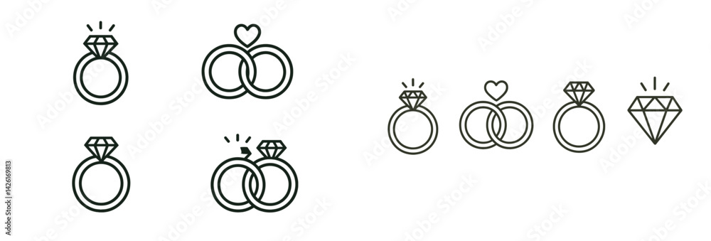 Poster collection of web icons featuring wedding rings, diamonds, and unity symbols in line art style for d