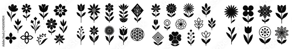 Poster Set of black line style web icons featuring various floral designs and patterns for digital use