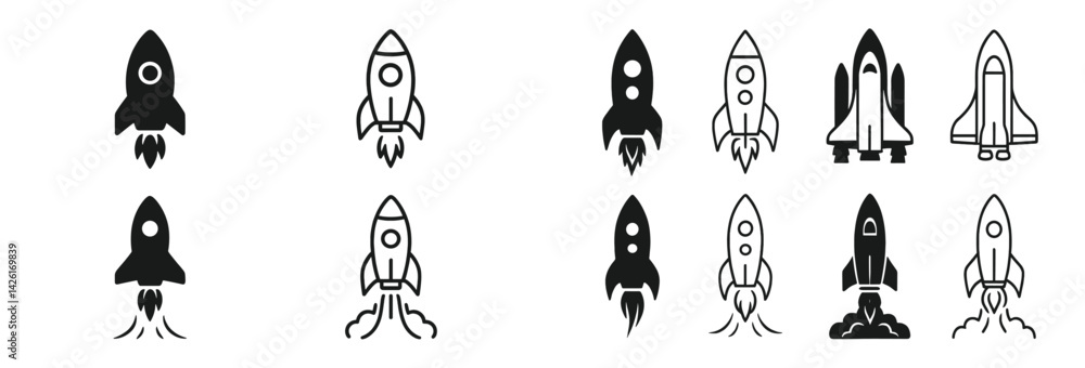 Fototapete Set of line style web icons featuring various rocket designs for digital projects and applications