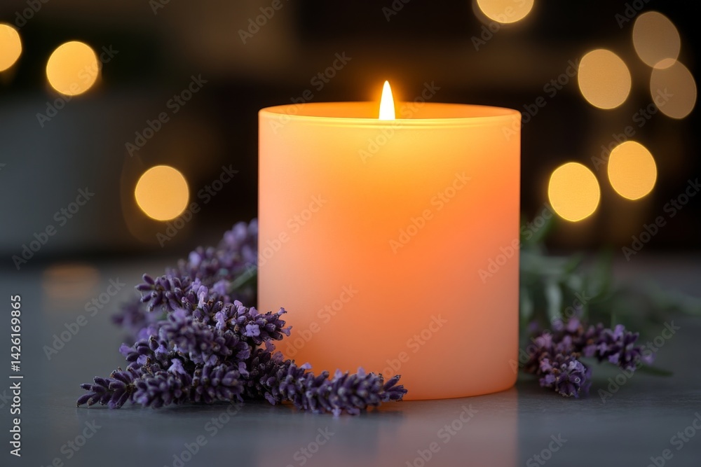Poster soft orange candle glows beside fresh lavender branches on a serene evening table setting with warm 