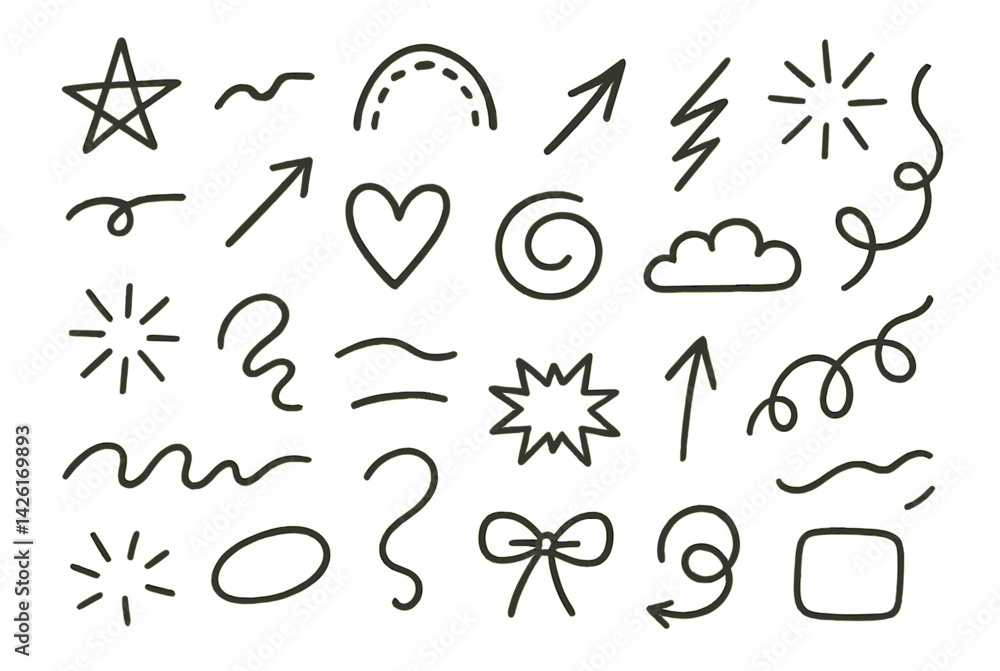 Poster Set of line style web icons featuring various shapes, symbols, and elements for digital design and creative projects