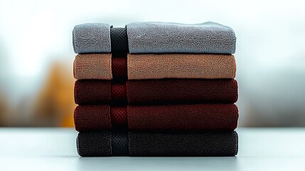 Stacked, folded towels in various shades of gray, brown, and deep red on a white surface