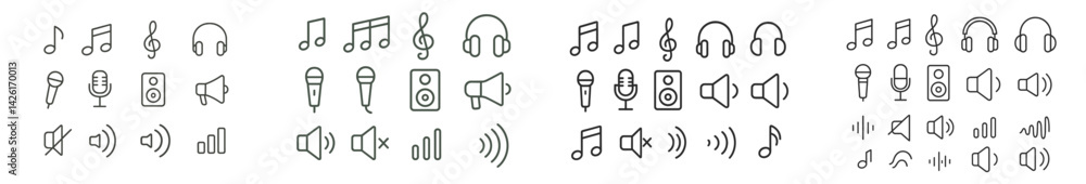 Poster Collection of web icons in line style representing music, sound, and audio elements for digital applications