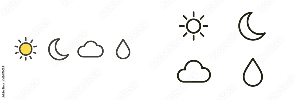 Poster Set of web icons depicting weather elements in line style featuring sun, moon, clouds, and rain droplets suitable for various designs