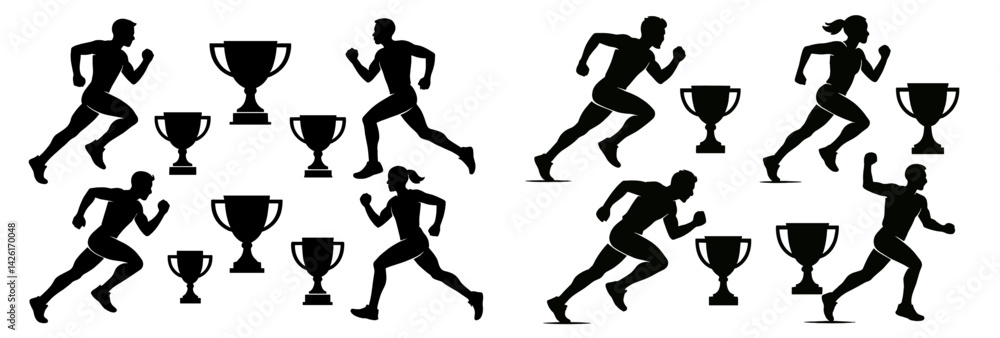 Poster Set of web icons featuring runners and trophies in line style design for sports and achievement themes