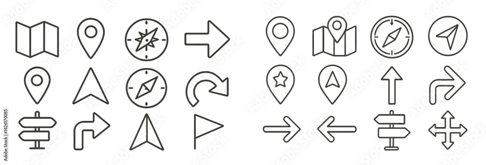 Aufkleber Set of web icons featuring navigation symbols designed in line style for digital applications and user interfaces