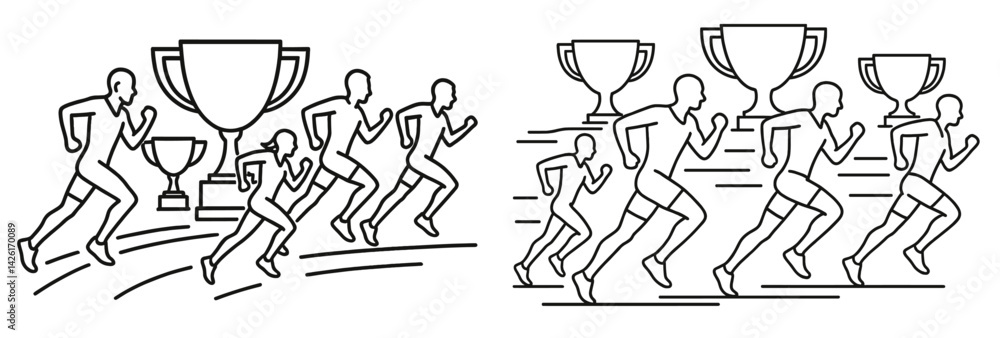 Poster set of web icons depicting runners competing for trophies in a linear style showcasing sports and ac