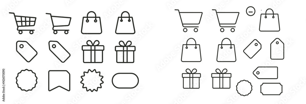 Poster Set of web icons in line style representing shopping activities, gift items, and labels for various uses in digital design projects