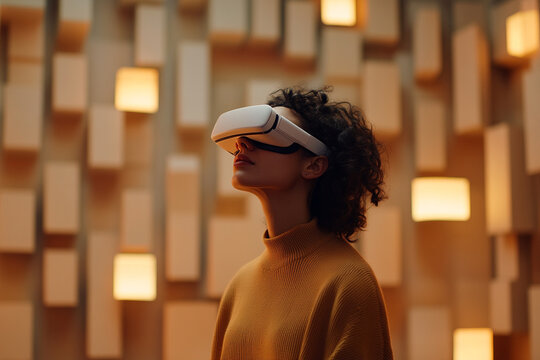 A person using AR glasses to explore a digital world filled with interactive geometric shapes and futuristic elements 