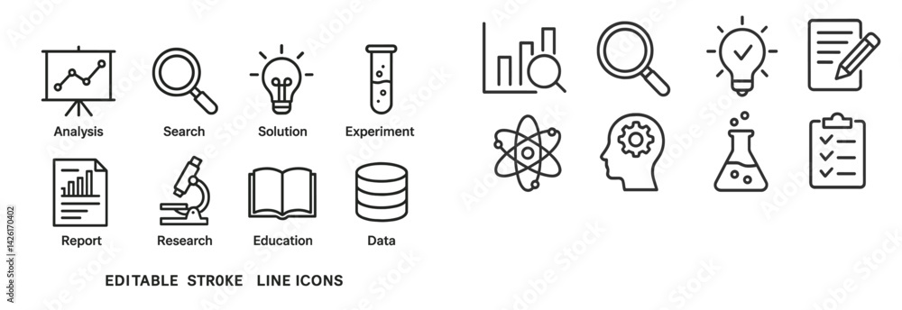 Poster Collection of web icons in line style representing analysis, research, and educational activities for various applications