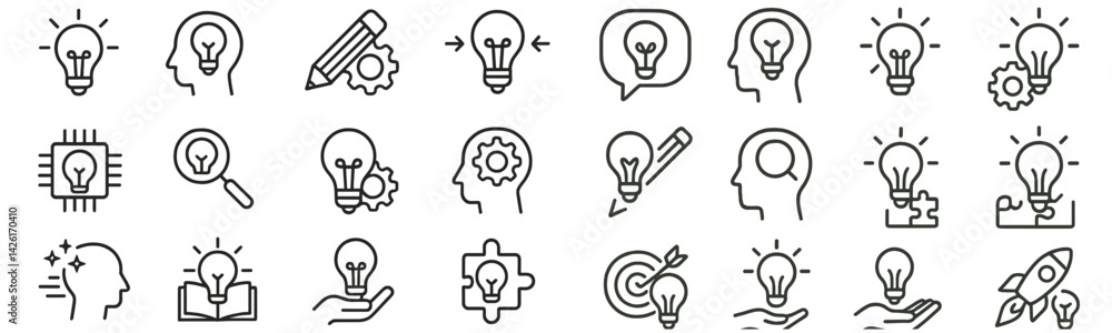 Poster collection of line style web icons featuring light bulbs and related symbols for creativity and inno