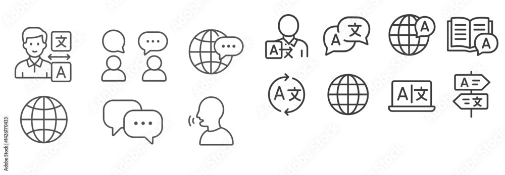 Aufkleber Web icons representing language learning, translation, and global communication in a minimal line style