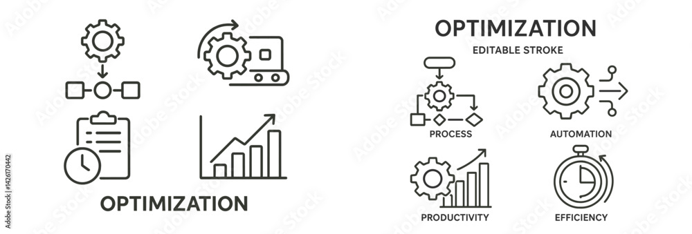 Aufkleber Set of line style web icons representing optimization concepts in digital processes and efficiency tracking