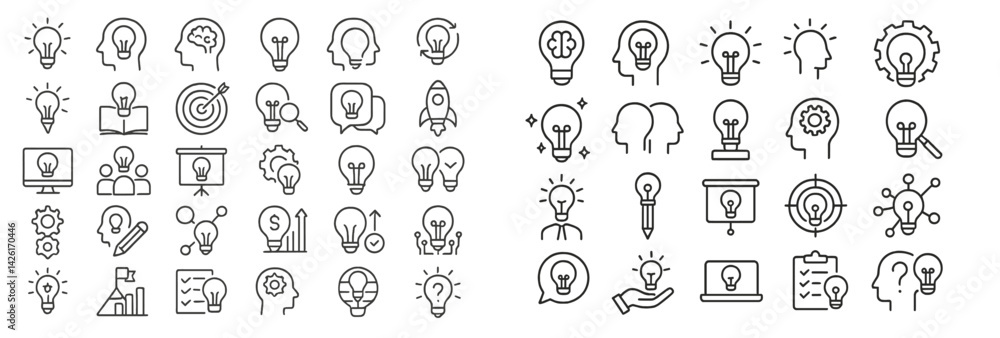 Aufkleber collection of web icons featuring light bulbs and heads representing ideas, innovation, and creativi