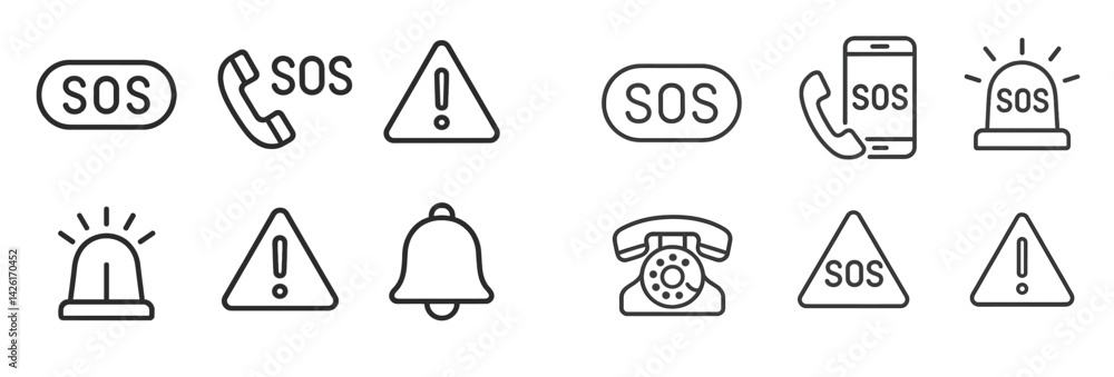 Poster Collection of emergency alert web icons designed in line style for notification and SOS communication