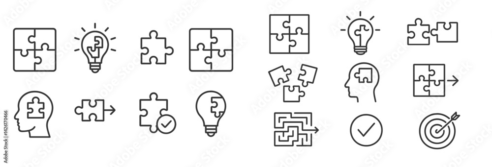 Poster Set of web icons designed in line style for puzzles, ideas, and problem-solving concepts