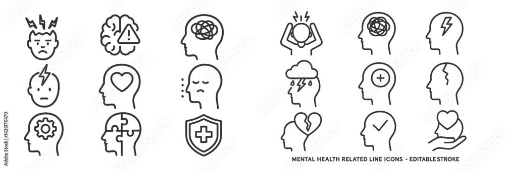 Poster Collection of mental health related web icons designed in line style for digital use