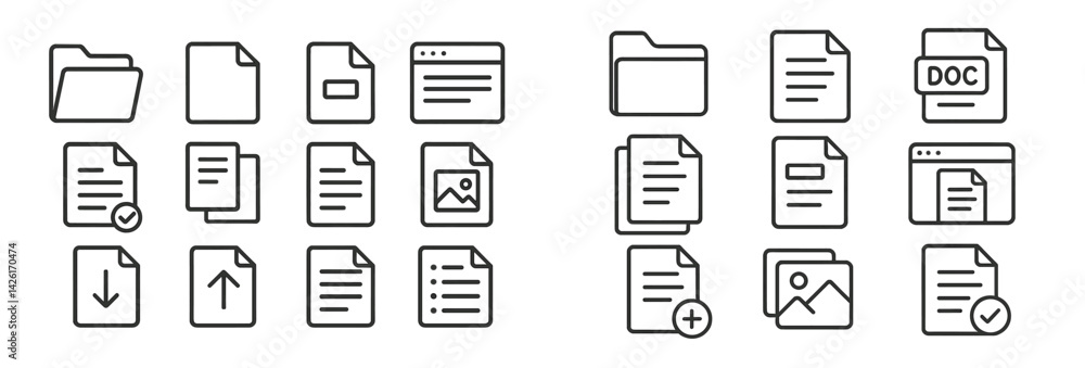 Poster Collection of line style web icons representing various document and file types for digital design