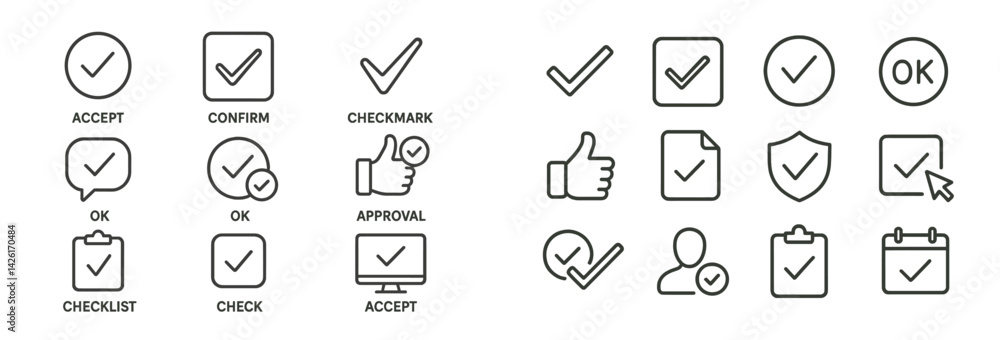 Aufkleber Set of line style web icons representing approval and confirmation actions for digital interfaces