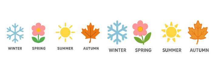 Colorful seasonal icons illustrating winter, spring, summer, and autumn in a simple line design