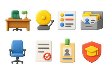 Office and business 3d icon set – workflow and management graphics for productivity and organization: desk, chair, document, folder, bell, id badge, shield