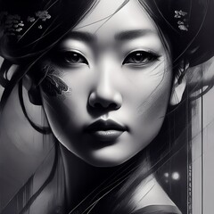 abstract painting of a beautiful asian woman face close up with beautiful eyes