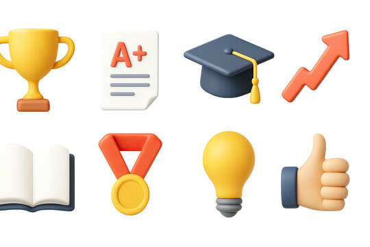 Education achievement icons set – 3d style symbols for success, learning, and performance: trophy, grade a paper, graduation cap, medal, lightbulb, thumbs up, arrow, book