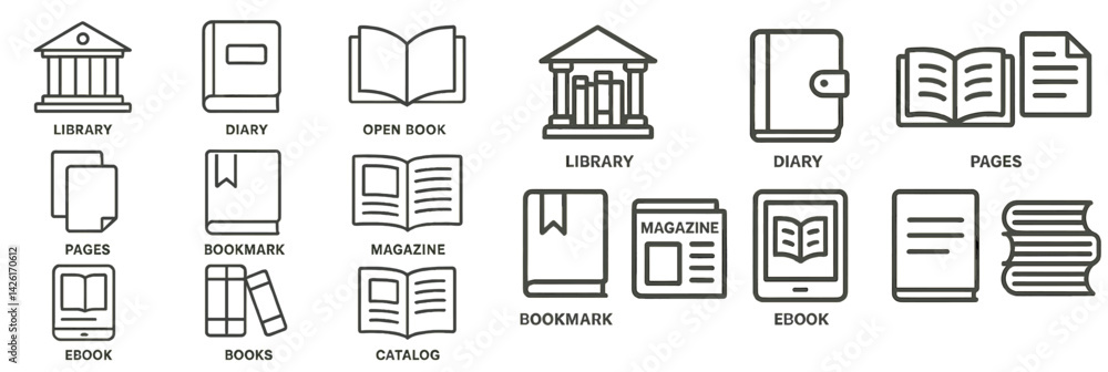 Poster Collection of web icons featuring line style representations of books, libraries, and reading materials for digital use