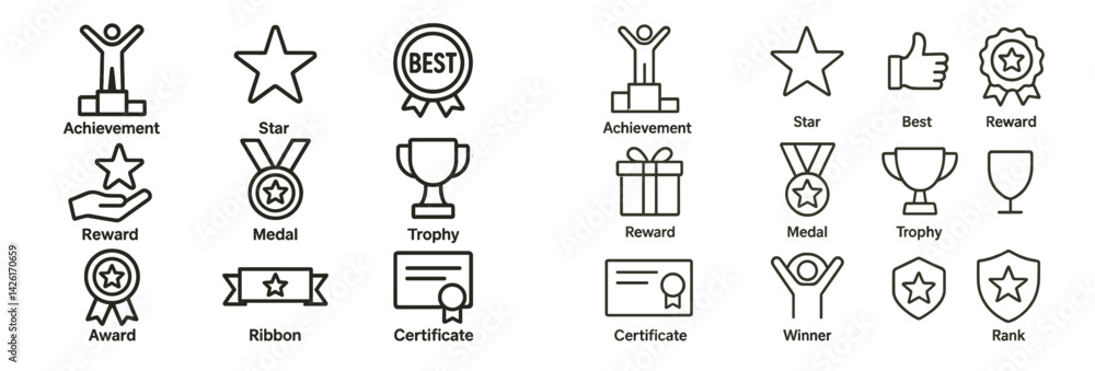 Poster collection of web icons in line style showcasing awards, achievements, and rewards for various accom