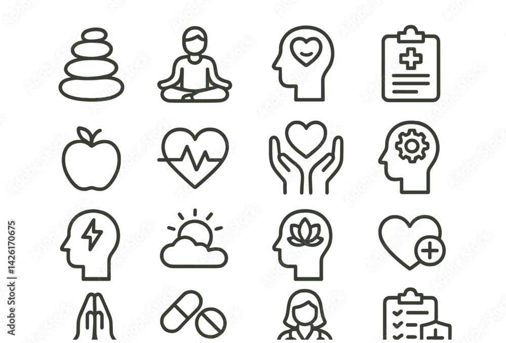 Poster set of web icons in line style representing wellness, health, and mindfulness concepts for digital d