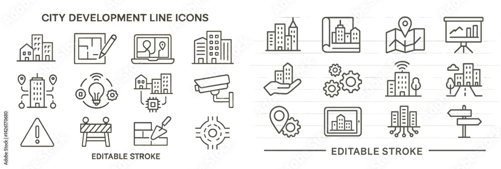 Poster Set of web icons showcasing city development in line style for digital projects and applications
