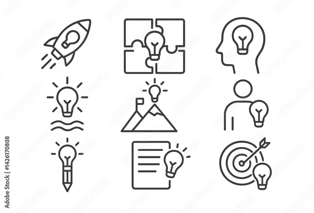 Poster collection of web icons illustrating creative ideas, problem-solving, and goal achievement in line s